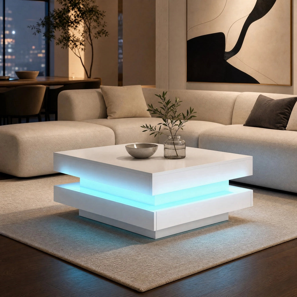 Tavolino da caffè quadrato con illuminazione LED Bluetooth USB; finitura lucida; in pannelli di particelle; bianco; 70 × 70 × 36 cm