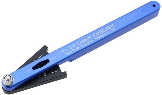 Indicatore di usura della catena per bicicletta - Materiale: alluminio - Compatibile con Shimano e Campagnolo - Colore: nero e blu