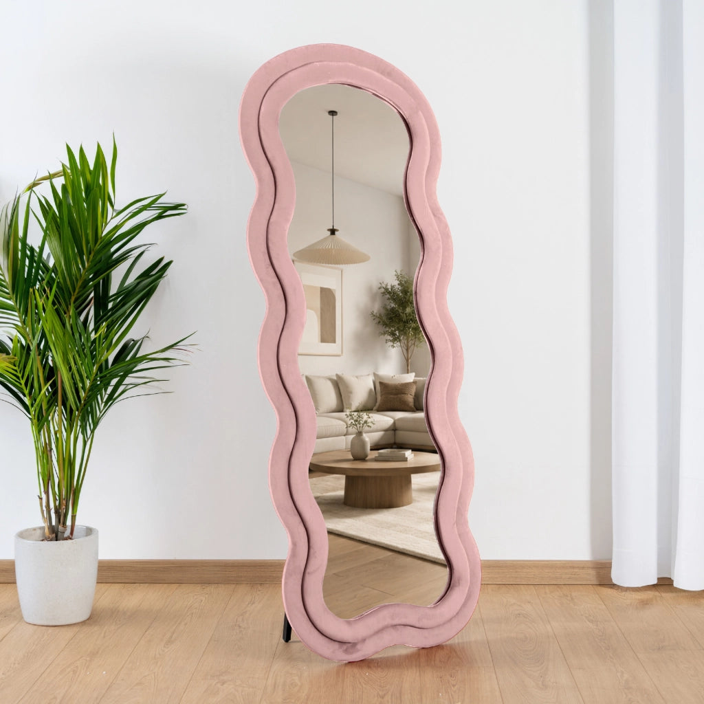 Specchiera da Terra 170x70 cm Design Ondulato Rivestita in Velluto con Supporto in Metallo Specchio Figura Intera Moderno per Camera da Letto Soggiorno Cabina Armadio Rosa