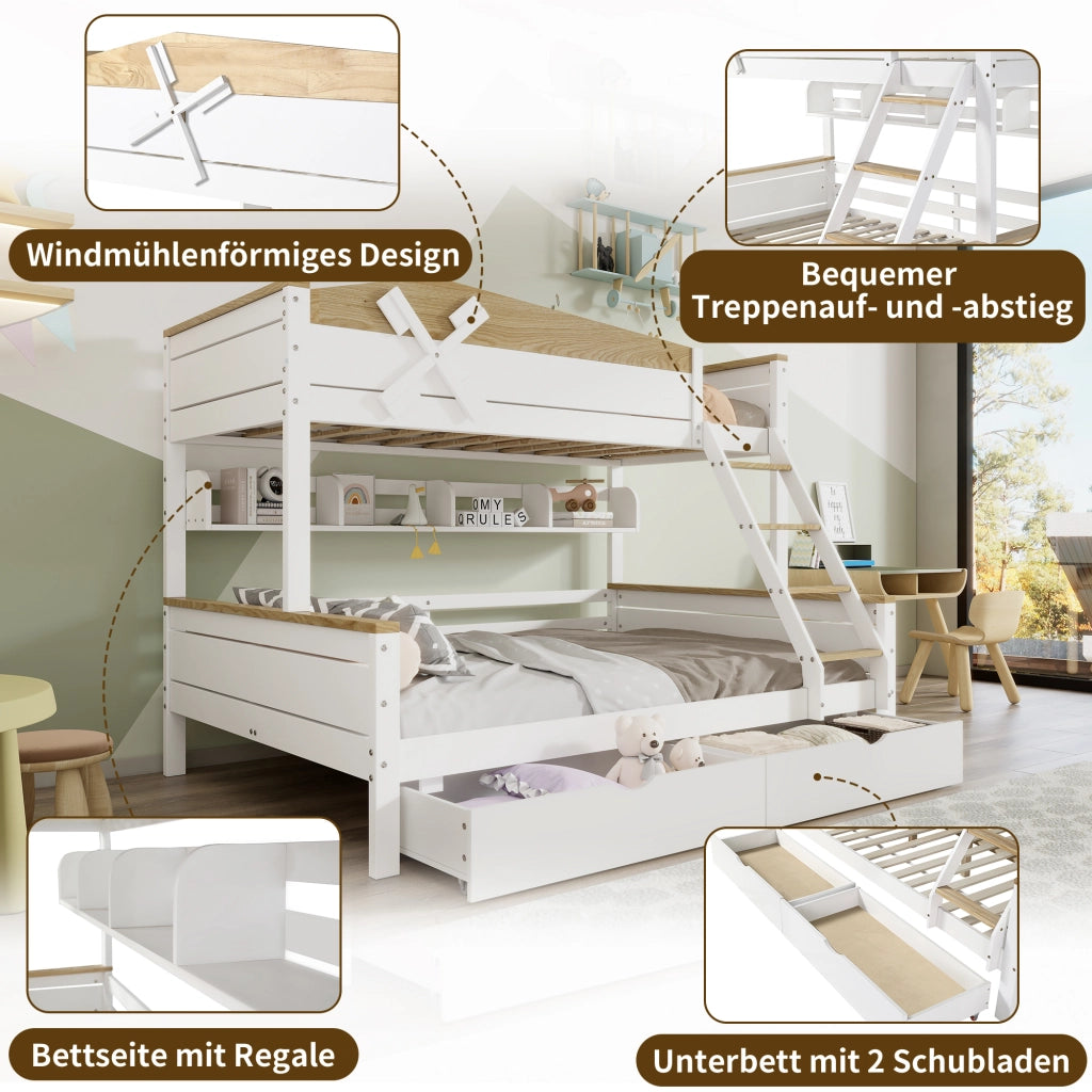 Letto a castello con mulino a vento; mensole; scala e cassetti; pino e MDF; bianco e naturale; 90x200 e 140x200 cm; senza materasso