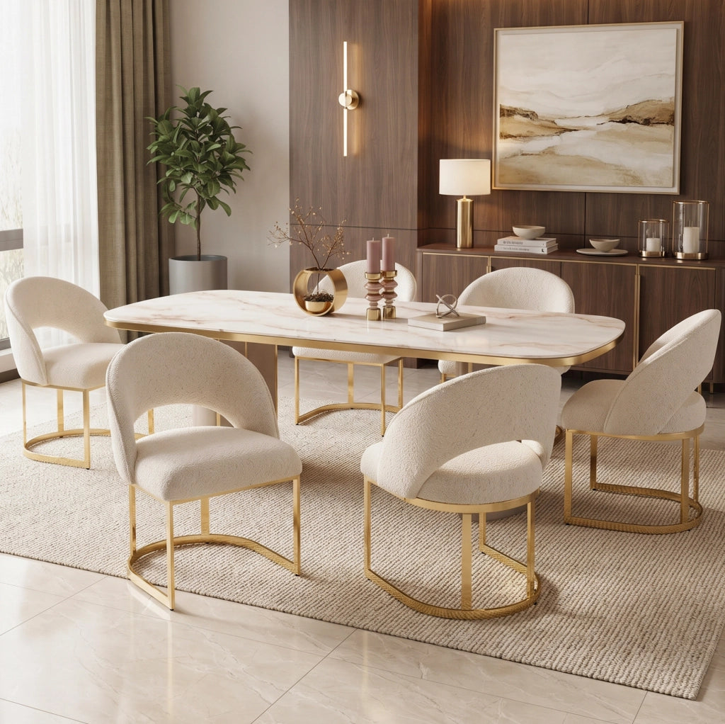 Set di 2 sedie da pranzo in bouclé beige con gambe in metallo dorato; stile moderno