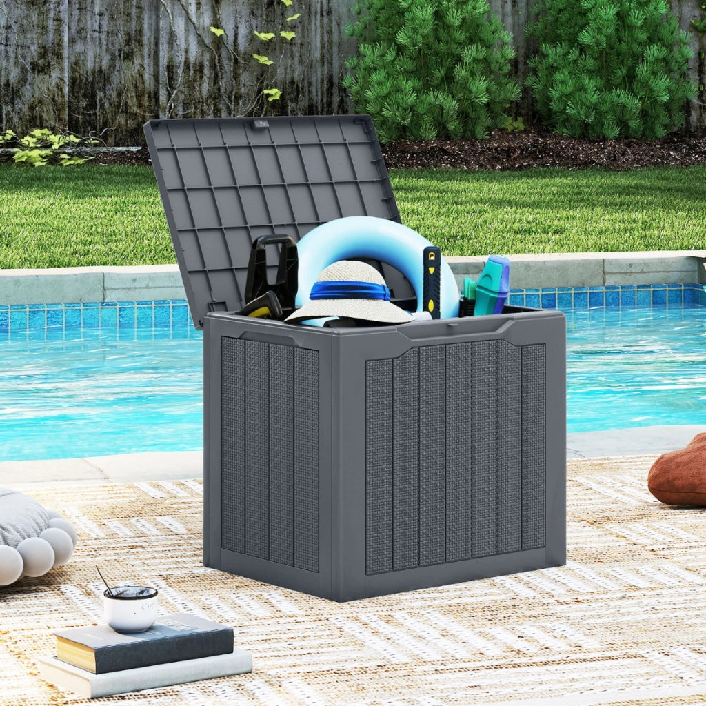 Contenitore per terrazza da 25 galloni con coperchio bloccabile e tessitura in vimini, Scatola di stoccaggio da esterno Grigio-Panchine