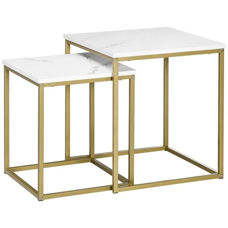 SET 2 TAVOLINI IMPILABILI CON PIANO EFFETTO MARMO E STRUTTURA IN ACCIAIO