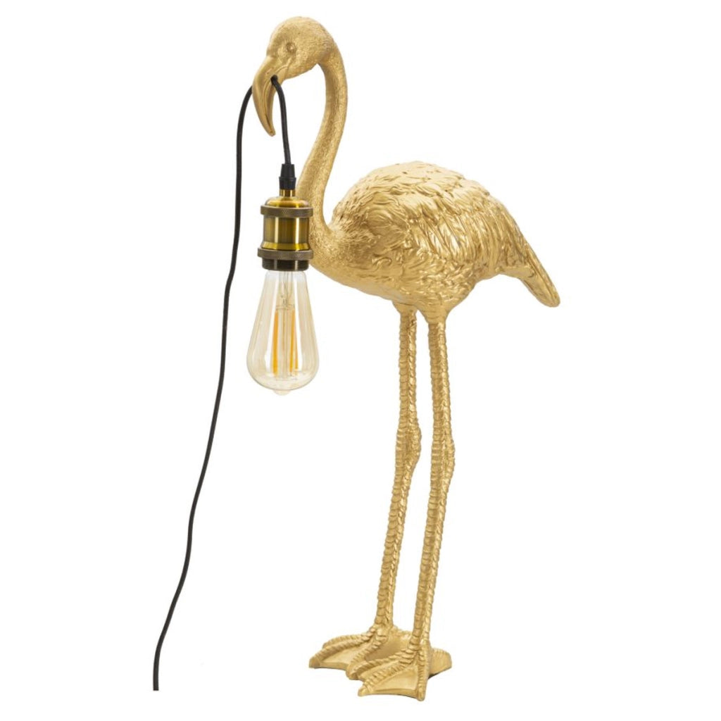 Lampada da tavolo Flamingo in resina dorata con lampadina Edison a vista