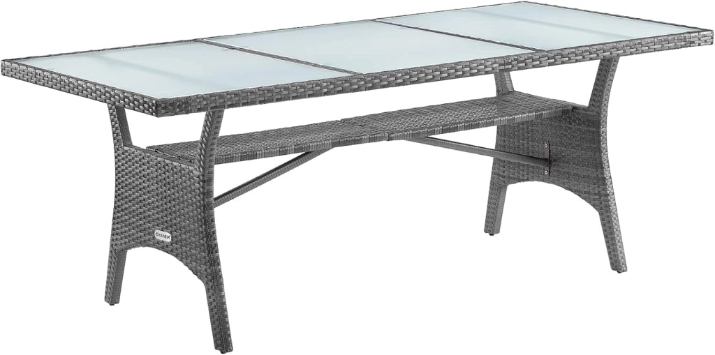 Tavolo da Giardino in Polyrattan 190x90x74cm con Ripiano in Vetro Altezza Regolabile da Pranzo per Terrazza Esterno