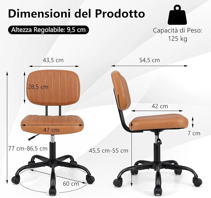 Sedia da Ufficio, Sedia da Scrivania senza Braccioli con Ruote, Altezza Regolabile con Rotazione a 360°, Sgabello per Scrivania con Ruote, Portata 135 kg