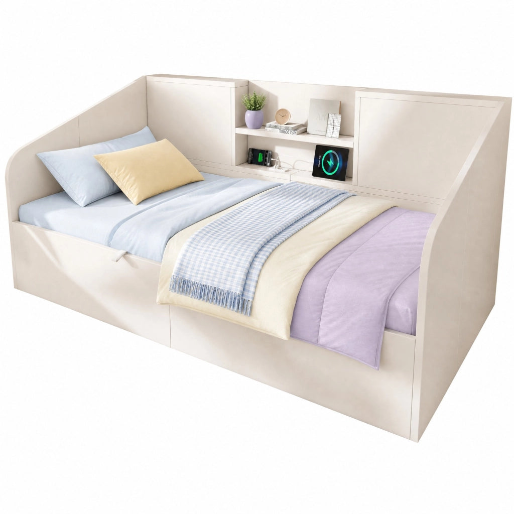 Letto a scomparsa idraulico bianco 90x200 cm con prese USB/Type-C, ripiani e ampio vano contenitore