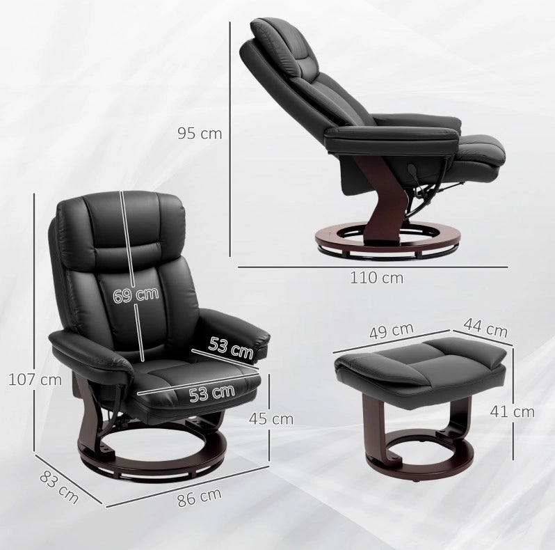Poltrona relax girevole con poggiapiedi, reclinabile 130°, nera