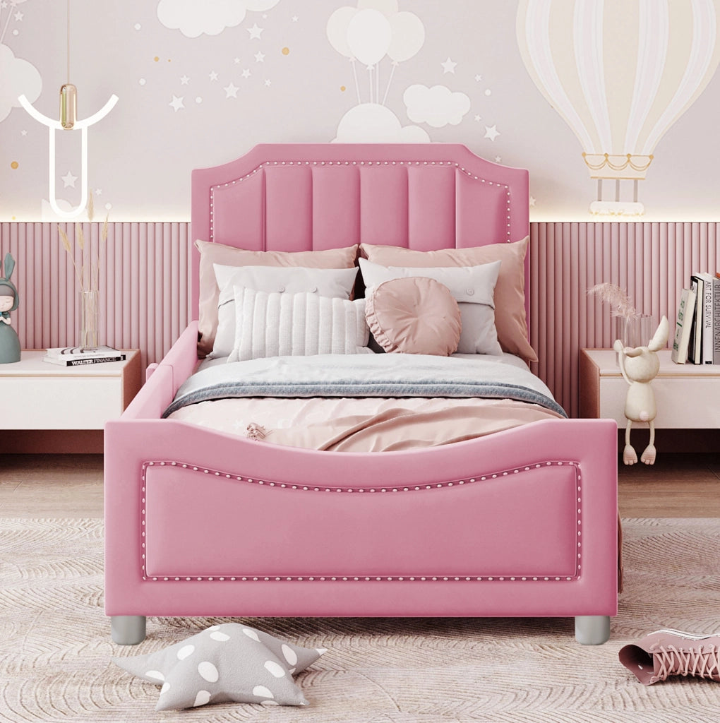 Letto imbottito per bambini 90x200 cm con testiera e pediera; flanella rosa