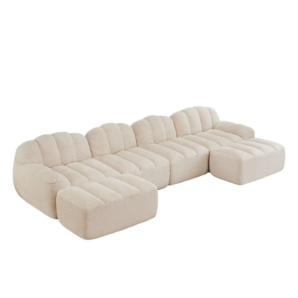 Divano angolare modulare 4 posti con ottomani e seduta ampia per soggiorno in pile granulato beige bianco