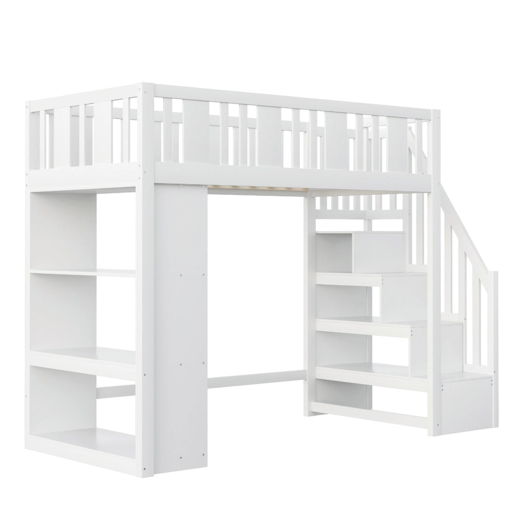 Letto a soppalco 90x200 cm con scala contenitore e 3 vani laterali bianco