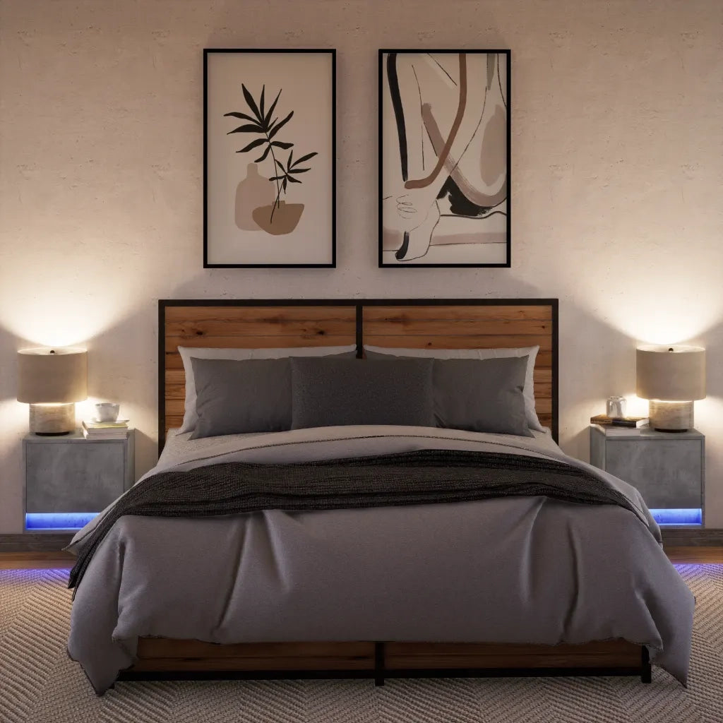 Set di 2 Comodini | Armadio da Notte | Mobiletto da notte a Parete con Luci LED Grigio Cemento