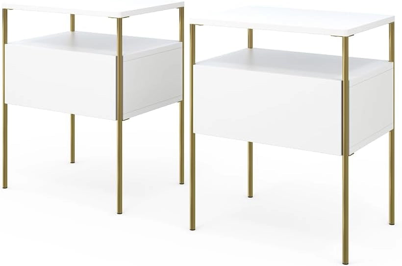 Comodino camera da letto Mira, Bianco/Oro, Set di 2, utilizzabile per riporre oggetti quotidiani e come tavolino d'appoggio
