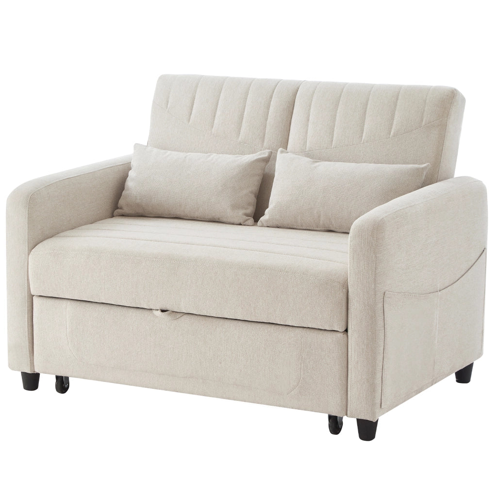 Divano Letto 2 Posti Estraibile con Schienale Regolabile 3 Posizioni e Cuscini Design Salvaspazio Struttura Legno Metallo in Tessuto Beige