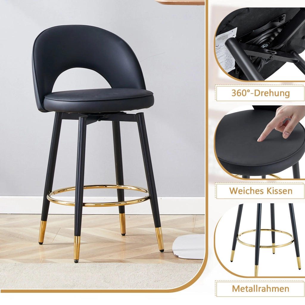 Set di 2 Sgabelli da Bar Girevoli; Schienale Traforato; per Cucina e Bancone; Metallo e Similpelle; Nero
