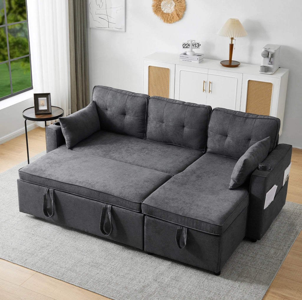 Divano letto angolare reversibile 211x130 cm con contenitore; tessuto grigio