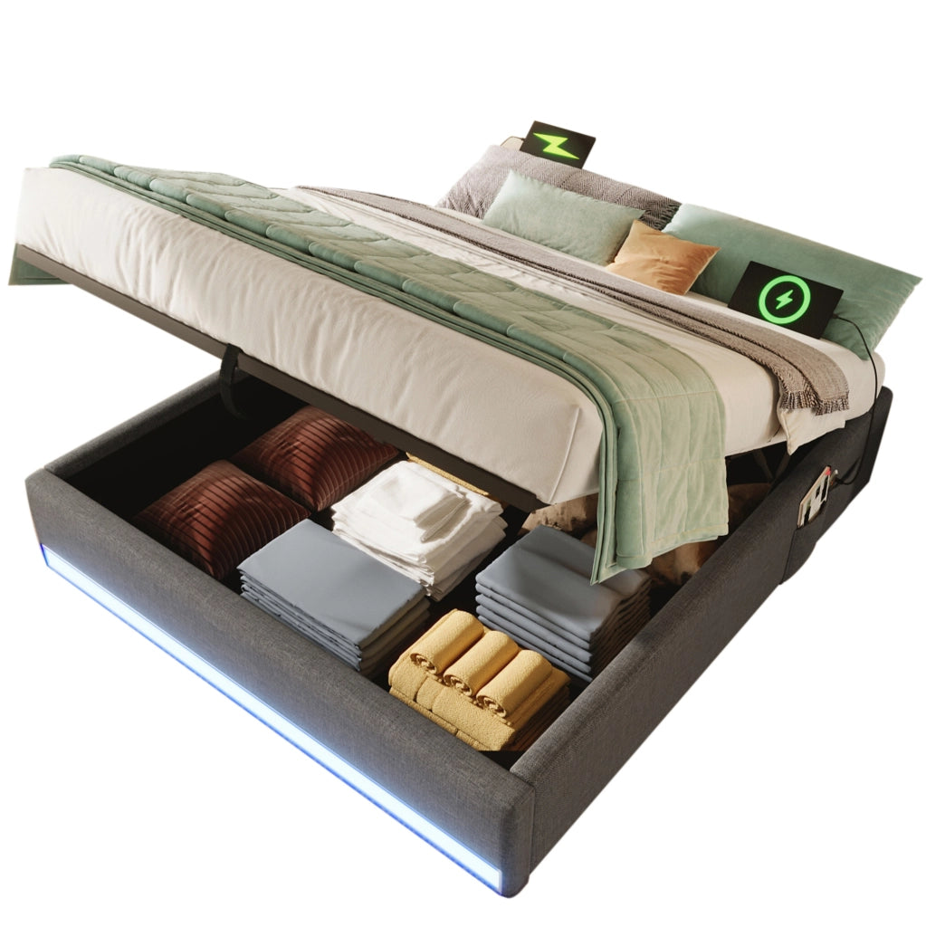Letto imbottito 140 x 200 cm con vano contenitore idraulico; LED; USB e Type-C; grigio