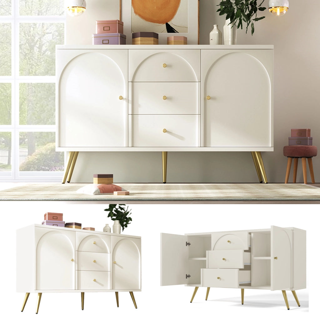 Credenza con 2 ante e 3 cassetti 140x40x84 cm; crema bianco; legno e metallo