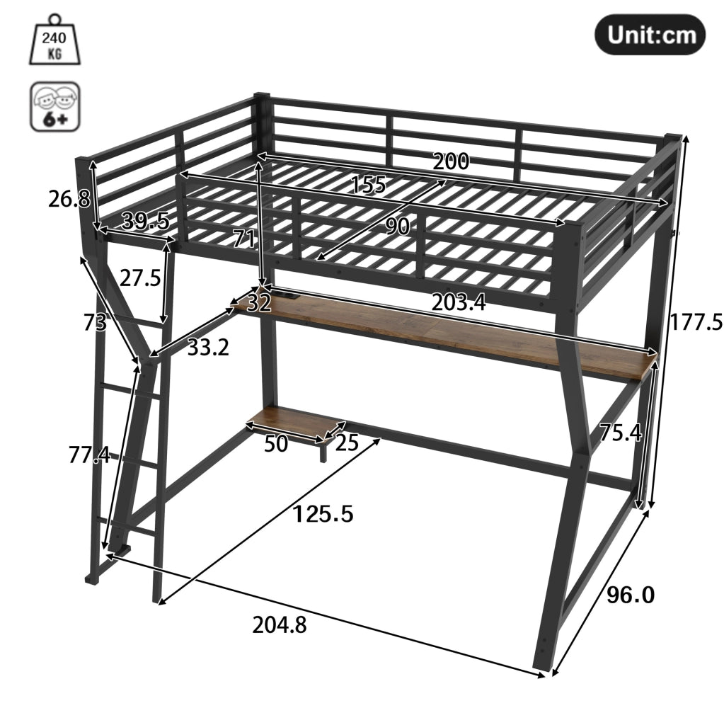 Letto a soppalco ULEVR 90x200 cm con luce LED, scrivania, prese USB e struttura nera