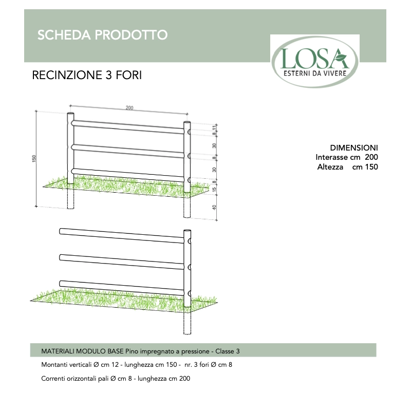 Recinzione in legno impregnato 20 pezzi con 3 fori lunghezza 200 cm per giardino - Esterni da Vivere
