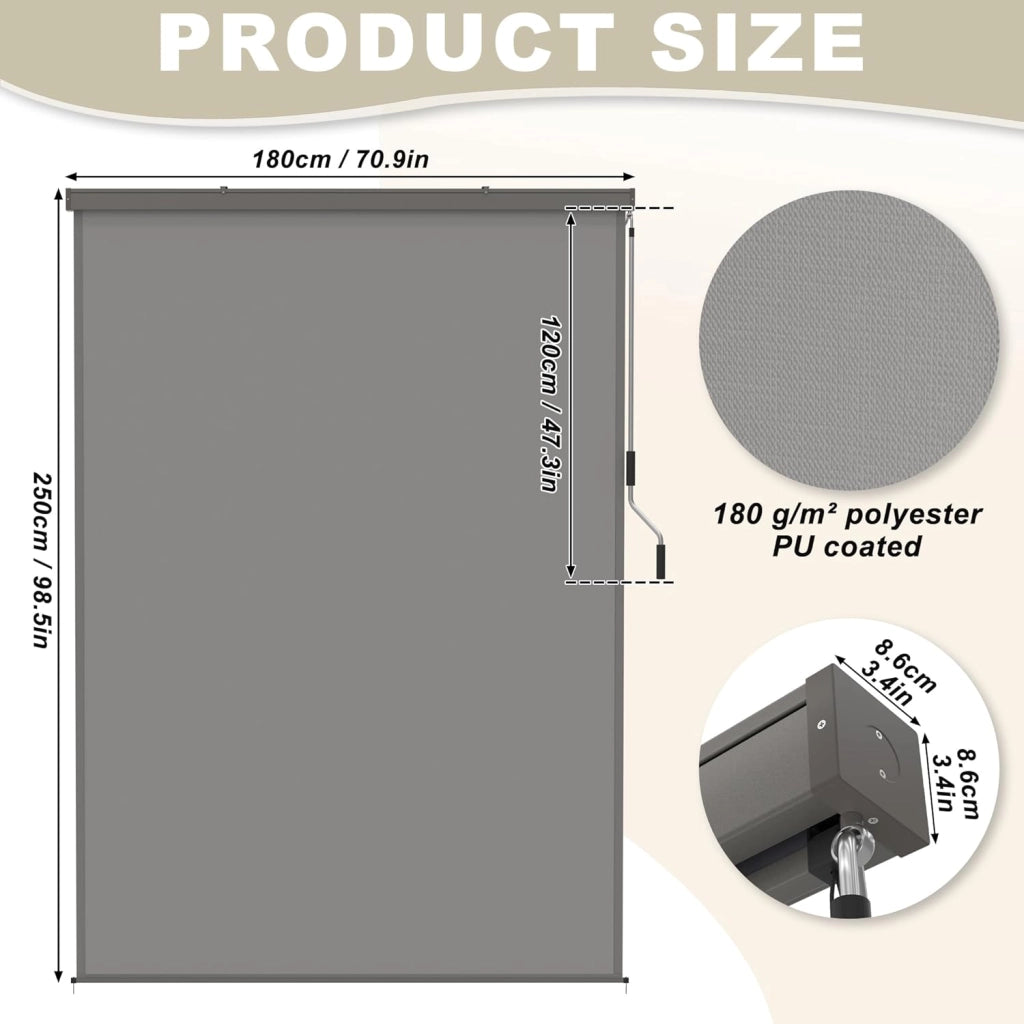Tenda verticale per esterni, 180 x 250 cm, resistente alle intemperie, per esterni, con manovella, tenda avvolgibile per balcone, larghezza 180 cm, protezione balcone