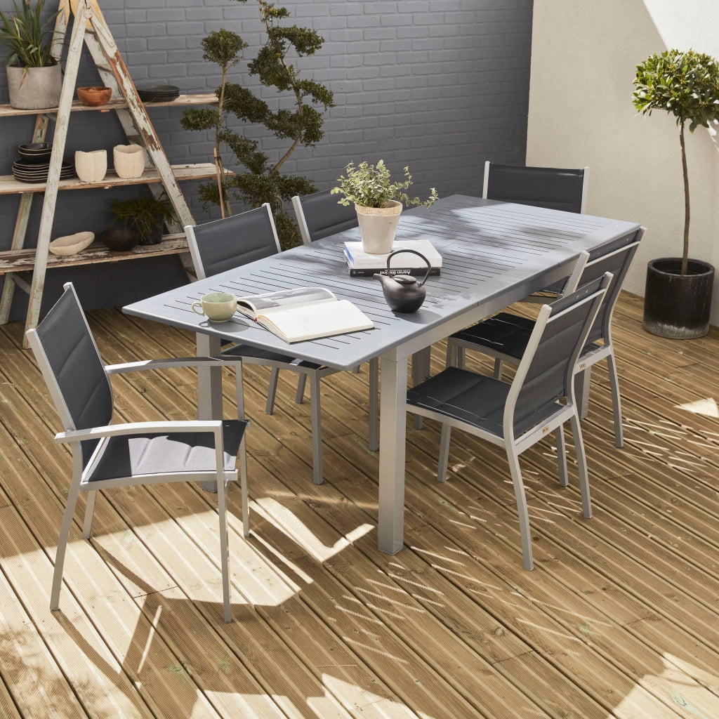 Set tavolo da giardino allungabile in alluminio con 6 sedie, grigio