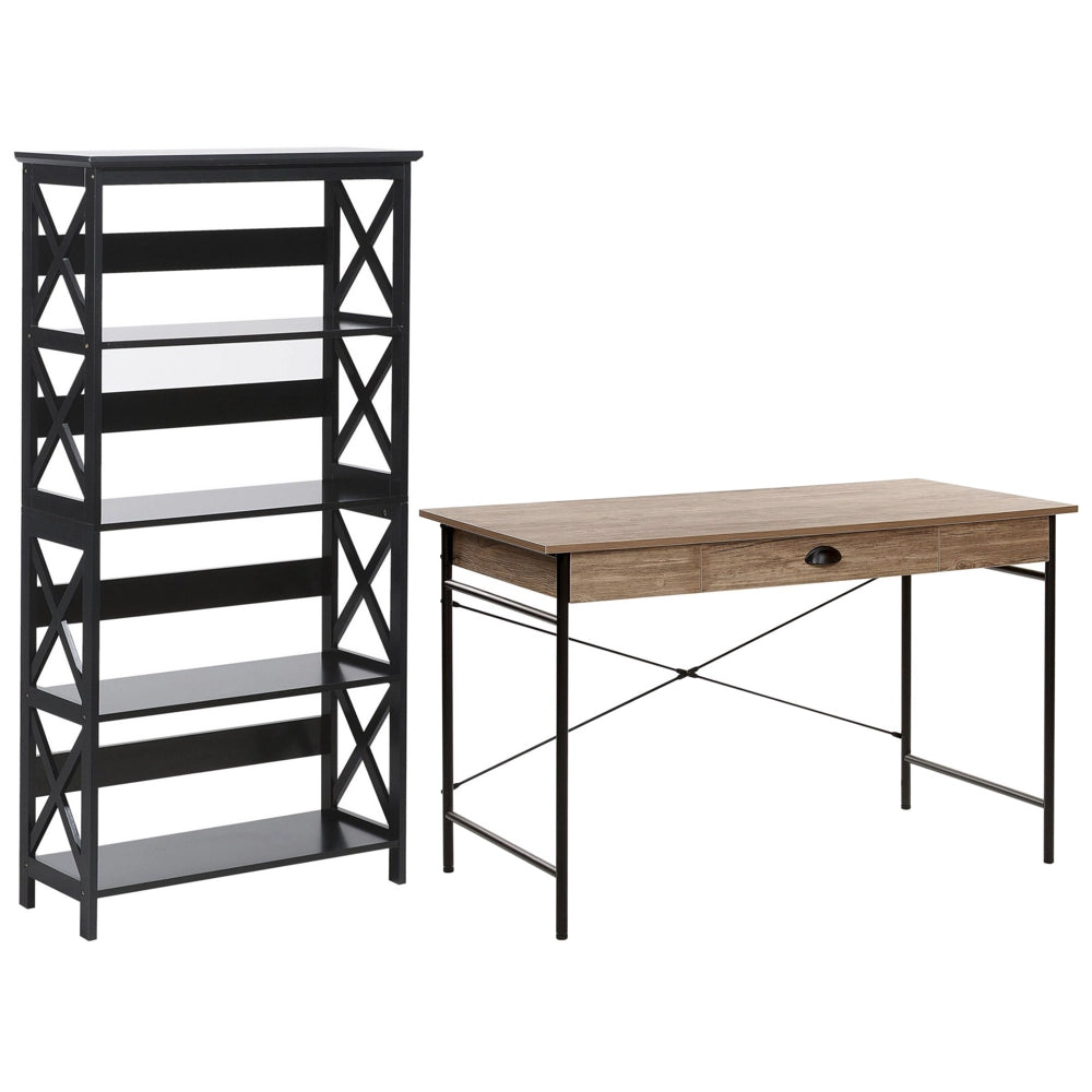 Set di mobili per ufficio libreria da scrivania in legno scuro con gambe in acciaio MDF nero, ripiani, cassetti, set moderno per l'home office