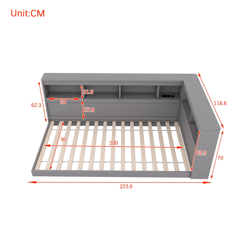 Letto salvaspazio singolo 90×200 cm con presa di corrente; 2 USB; ripiani e rete; senza materasso; grigio
