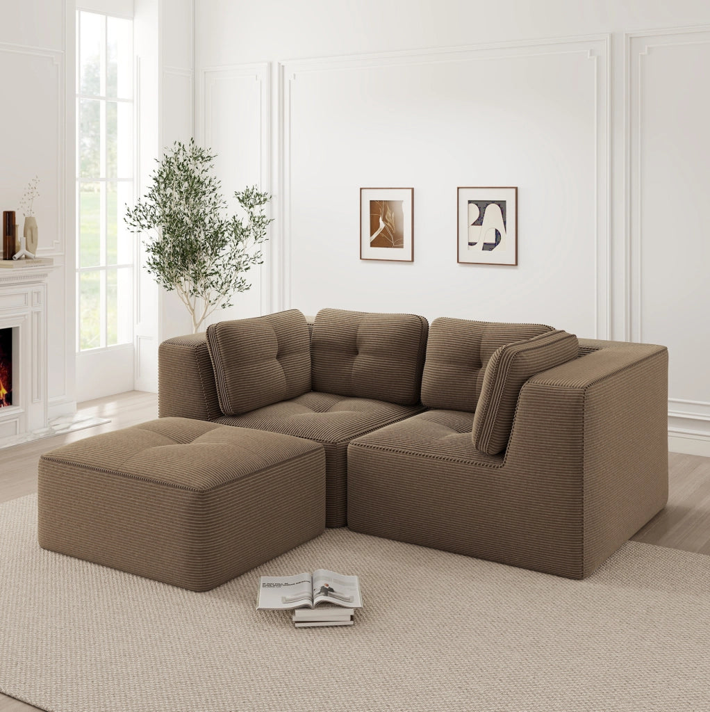 Divano angolare modulare 208x177x69 cm in velluto a coste marrone; con pouf mobile