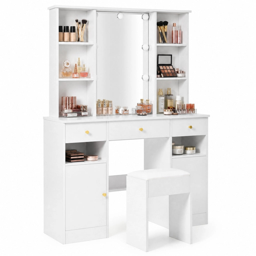 Tavolo trucco con specchio e LED; 3 cassetti; 2 ante; 110x40x151 cm; bianco