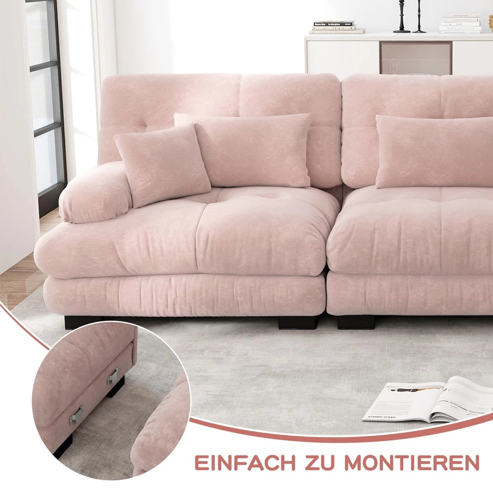 Divano angolare con poggiapiedi ¨C Minimal ¨C rosa chenille imbottito con braccioli e cuscini