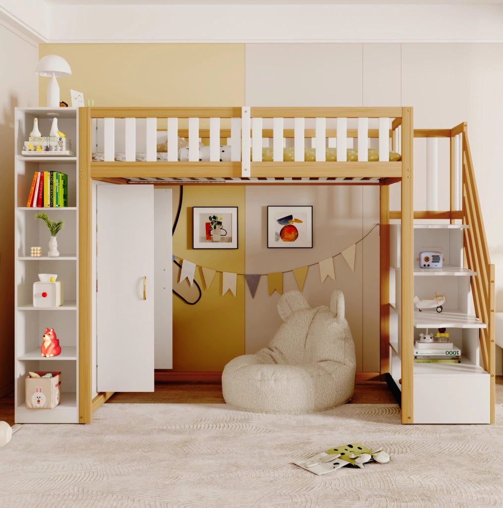 Letto a soppalco ULEVR 90x200 cm con armadio, scaffali e scala con cassetti, bianco e legno naturale
