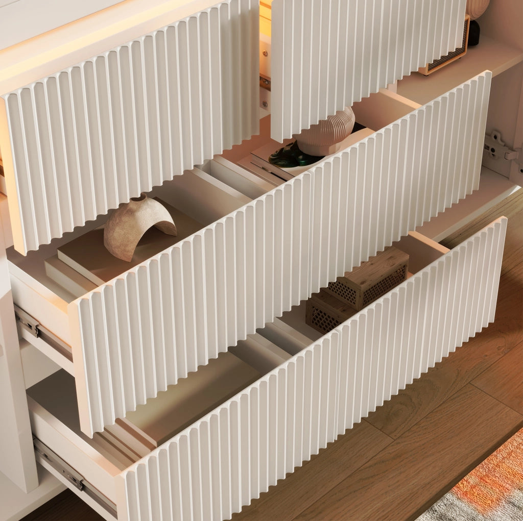 Credenza moderna con illuminazione LED 150x40x78 cm; bianca in MDF e metallo