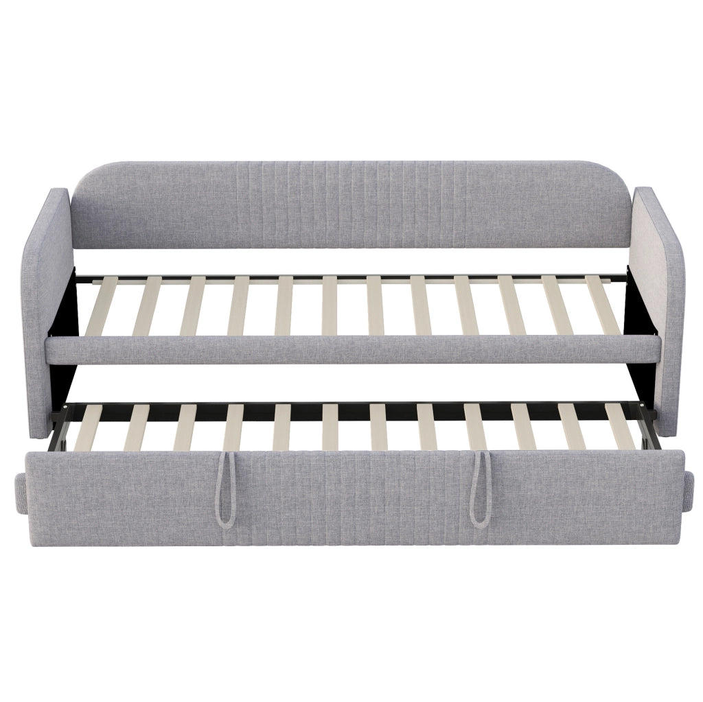 Divano letto imbottito estensibile 90/190 cm in tessuto effetto lino grigio chiaro