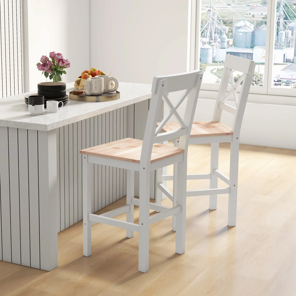 Sgabelli Bar 2 Pezzi con Schienale Alto ¨C zephmum ¨C Legno Pino Naturale e Bianco