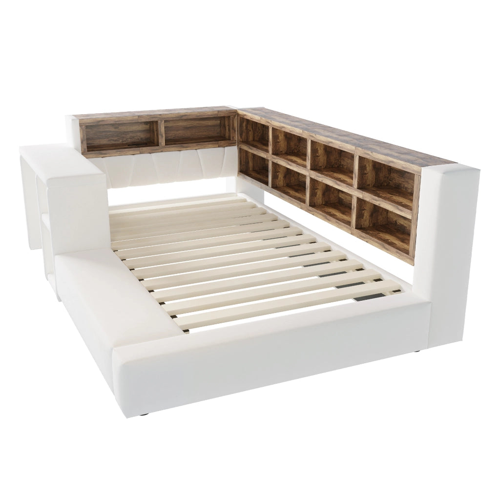 Letto Singolo 90 x 200 cm; contenitore; prese e LED; con testiera imbottita Beige