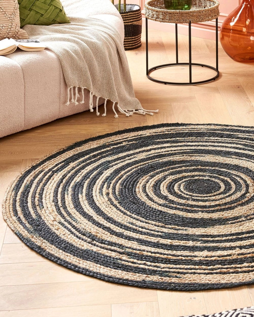 Tappeto tappetino Beige Nero Rotondo 140 cm Boho Rustico Spirale Intrecciata Juta Soggiorno Camera Da Letto Corridoio