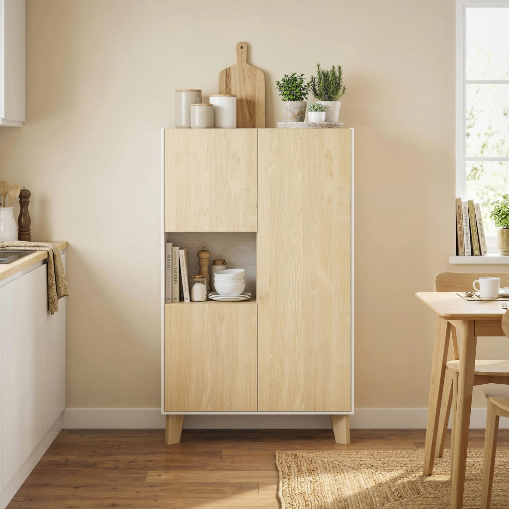 Credenza da Cucina 80x40x135 cm con 6 Scomparti Ante Soft Close in MDF Bianco e Legno