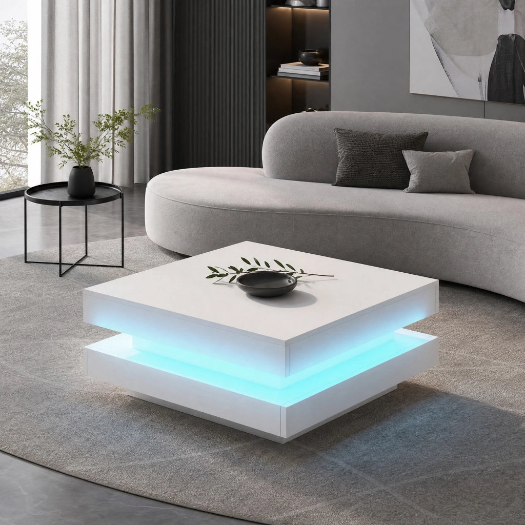 Tavolino da caffè quadrato 70x70x36 cm bianco lucido con LED Bluetooth e USB