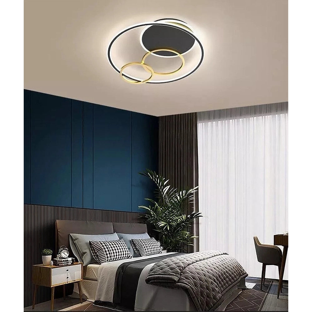 Trade Shop - Plafoniera Led 55w Tondo Con Cerchi Nero Oro Lampada Da Soffitto Luce 6500k 70883 -