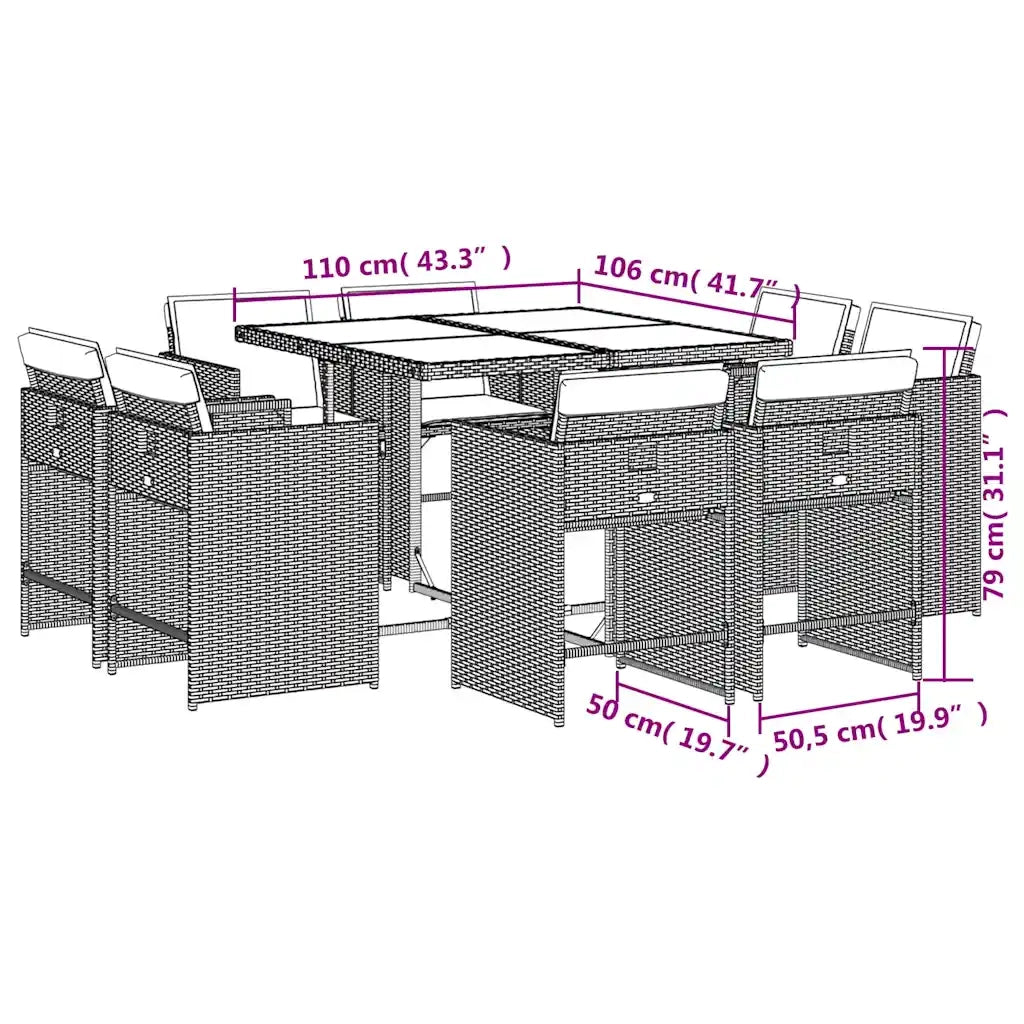Set da Pranzo da Giardino 9 pz con Cuscini Nero in Polyrattan 3211203