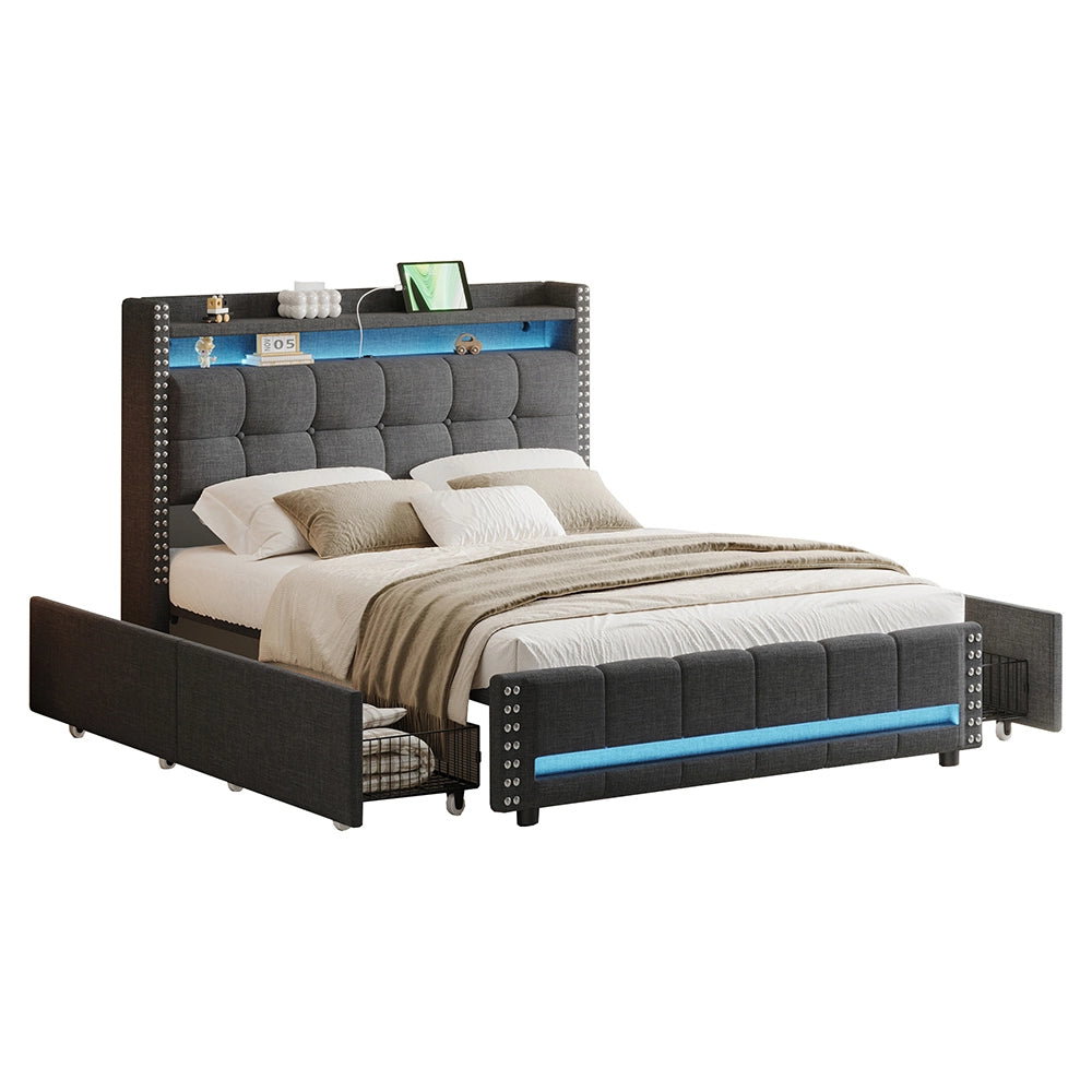 Letto imbottito 140x200 cm - Xylo - LED, USB, 4 cassetti grigio