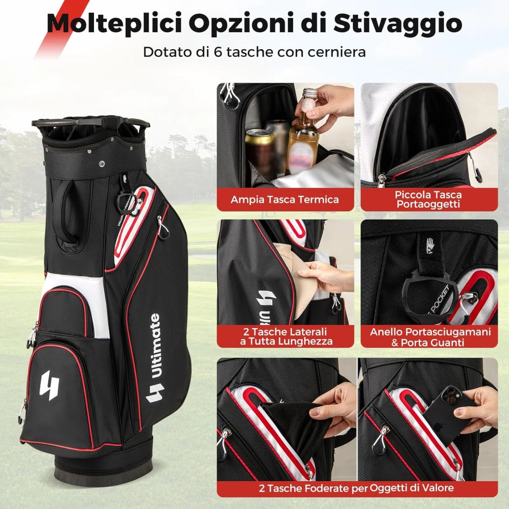 Borsa da Golf per Carrello con 14 Scomparti, Organizzatore Portatile per Mazze da Golf con Tasca Frigo, Tracolla Regolabile, Cappuccio Antipioggia e Porta Ombrello per Uomo e Donna