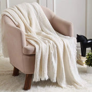 Decorente lente deken leggero e trasparente con disegno boho in lana a maglia (127 cm x 152 cm, bianco sbiadito)