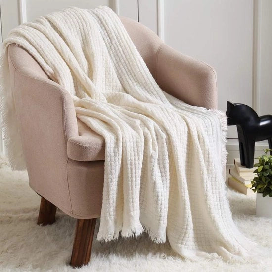 Decorente lente deken leggero e trasparente con disegno boho in lana a maglia (127 cm x 152 cm, bianco sbiadito)