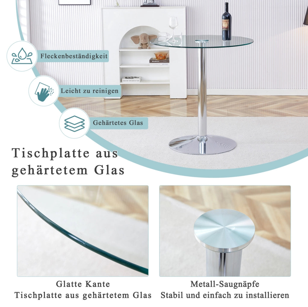 Tavolo bar rotondo in vetro trasparente e metallo argento 89 cm