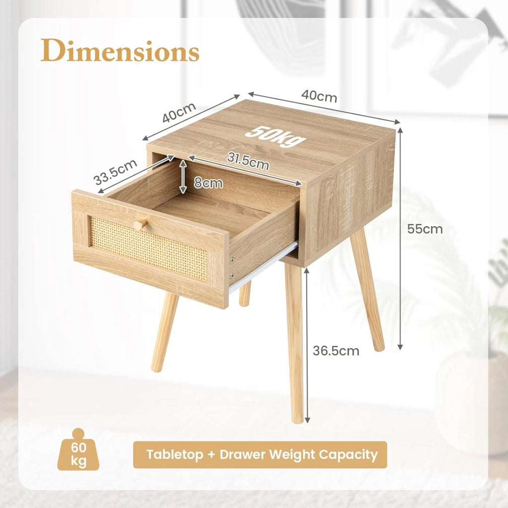 Comodino con porta in rattan, tavolino in legno con stile moderno, mobile laterale decorativo con cassetto, adatto per camera da letto, soggiorno, 40 x 40 x 55 cm, naturale