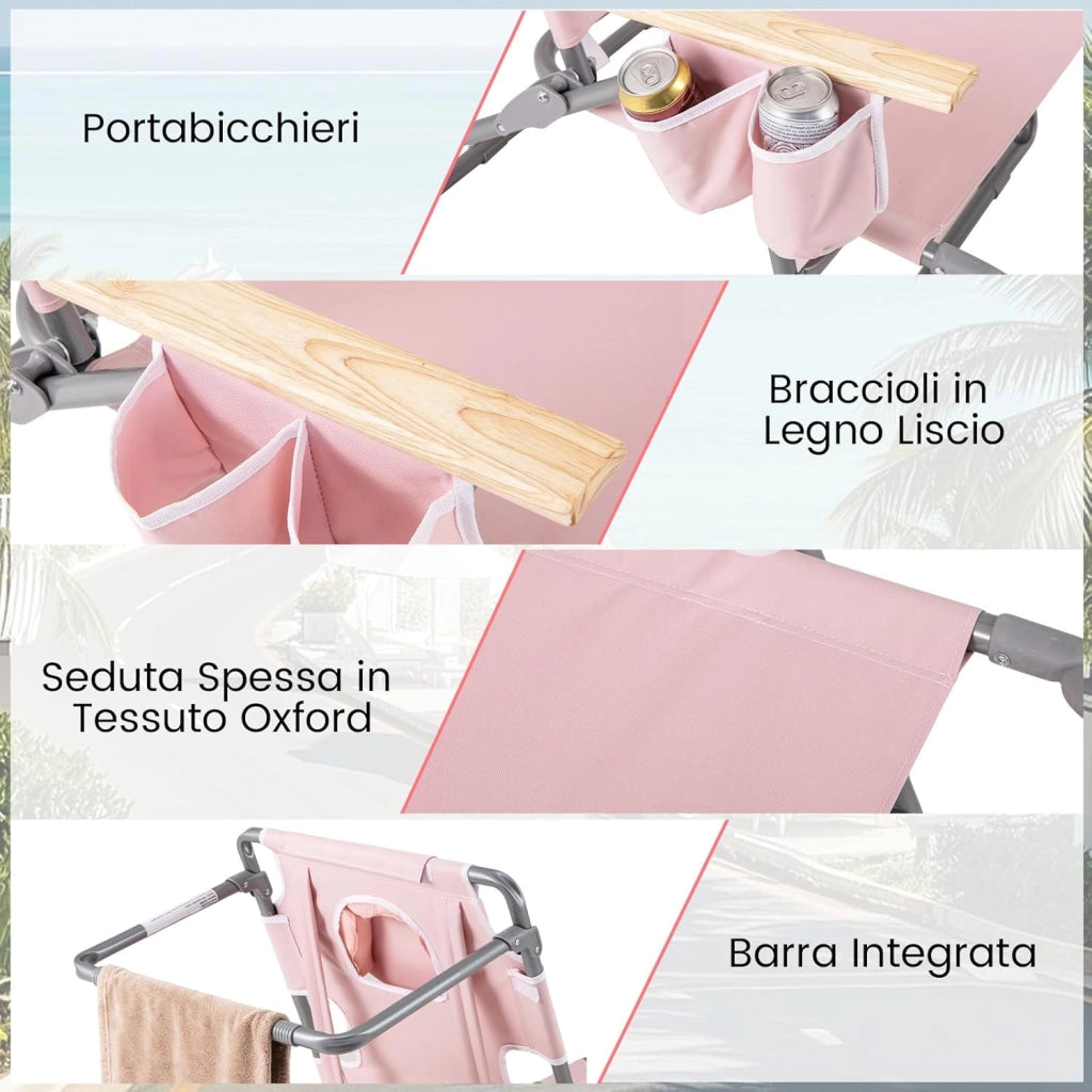 Sedia da Spiaggia Pieghevole, con Foro per il Viso, Schienale Regolabile a 4 Livelli, Poggiapiedi Regolabile, Lettino Prendisole per Spiaggia, Campeggio, Piscina, Portata 150 kg (Rosa)