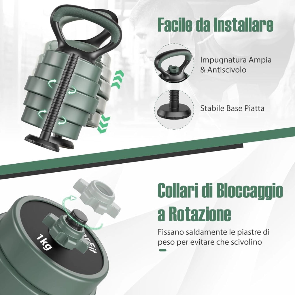 Set di Manubri Regolabili, Set di Pesi Liberi con Connettore, Attrezzi da Palestra Domestica 4 in 1 Include Bilanciere, Manubri, Kettlebell & Supporto per Flessioni per Donne e Uomini