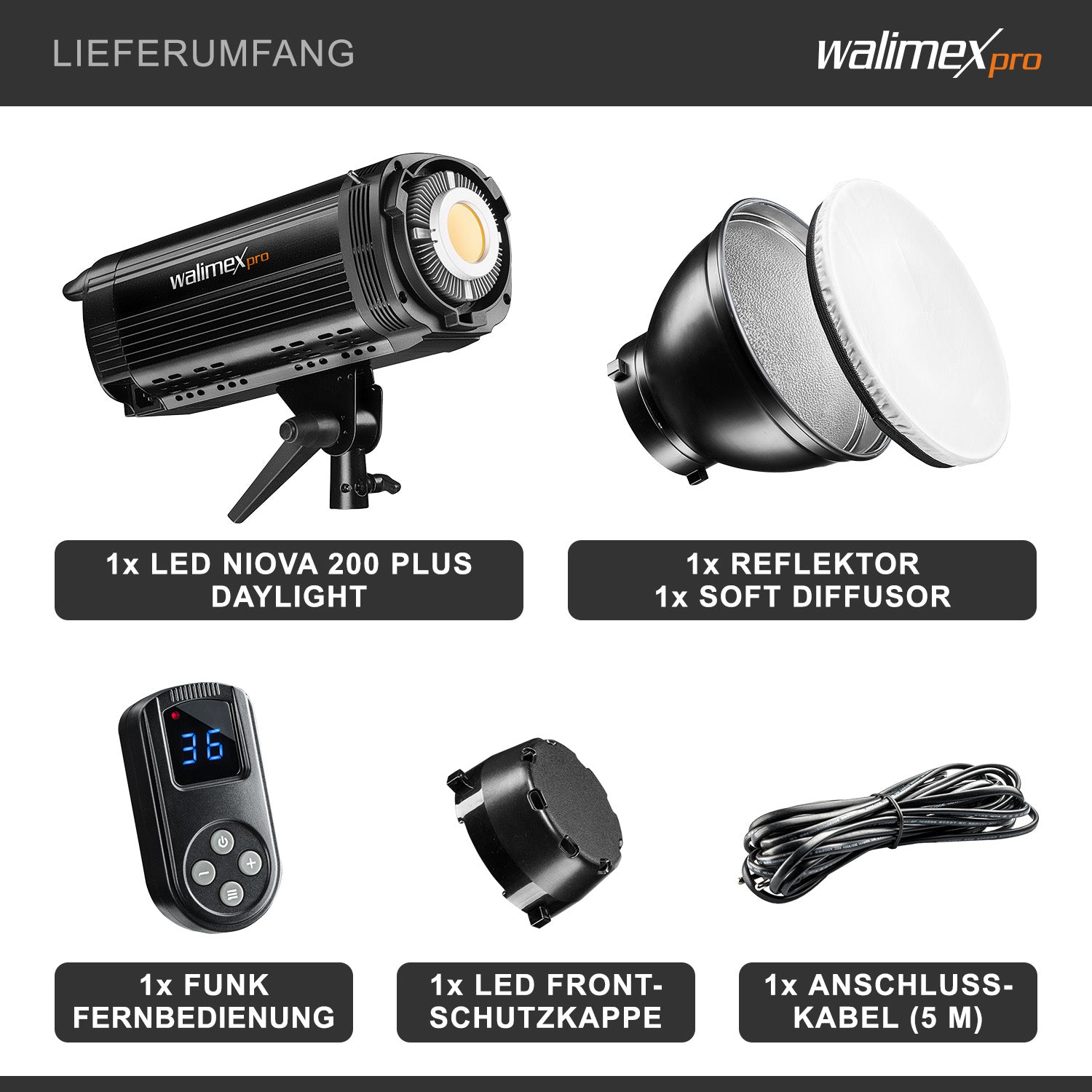 Niova Plus Daylight, Faretto LED per fotografia, luce video 200 W dimmerabile, con riflettore Bowens e diffusore, con tecnologia COB-LED, per studio fotografico